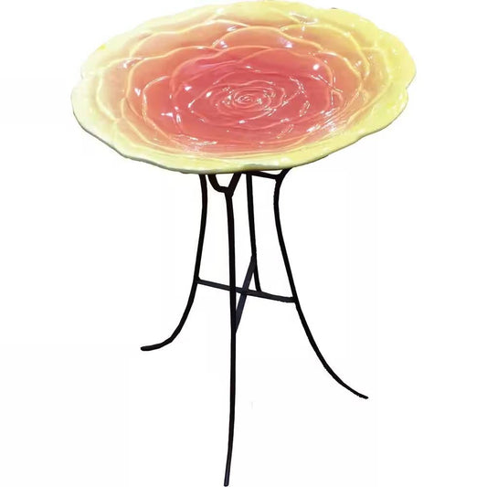 🌸 Ceramic Floral Birdbath with Metal Stand – Elegant Garden Accent