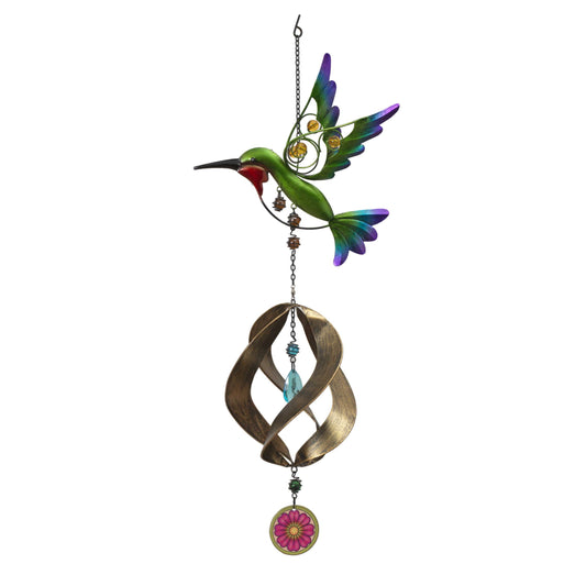 Whimsical Metal Hanging Hummingbird Spinner with Colorful Glass Beads – 36.7” Garden Décor