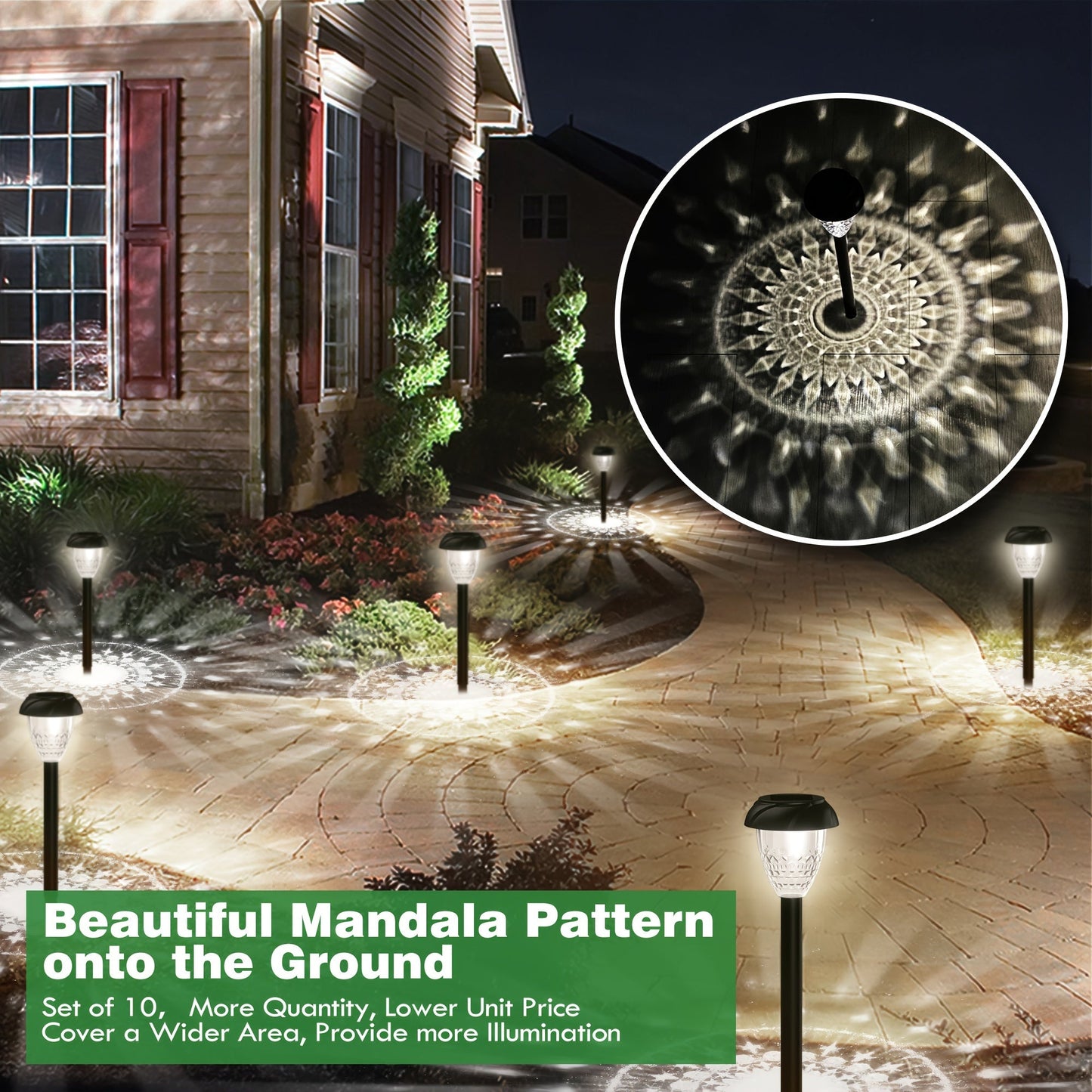 Mandala Pattern Solar Pathway Lights – Bright White LED, 10 pk.