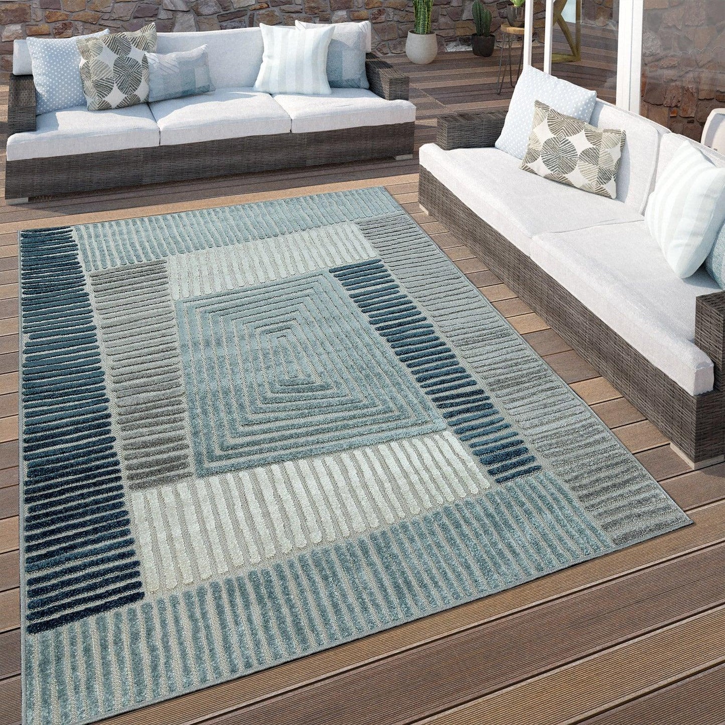 In & Outdoor Rug Marrakesh Carved Design - Aqua Blue