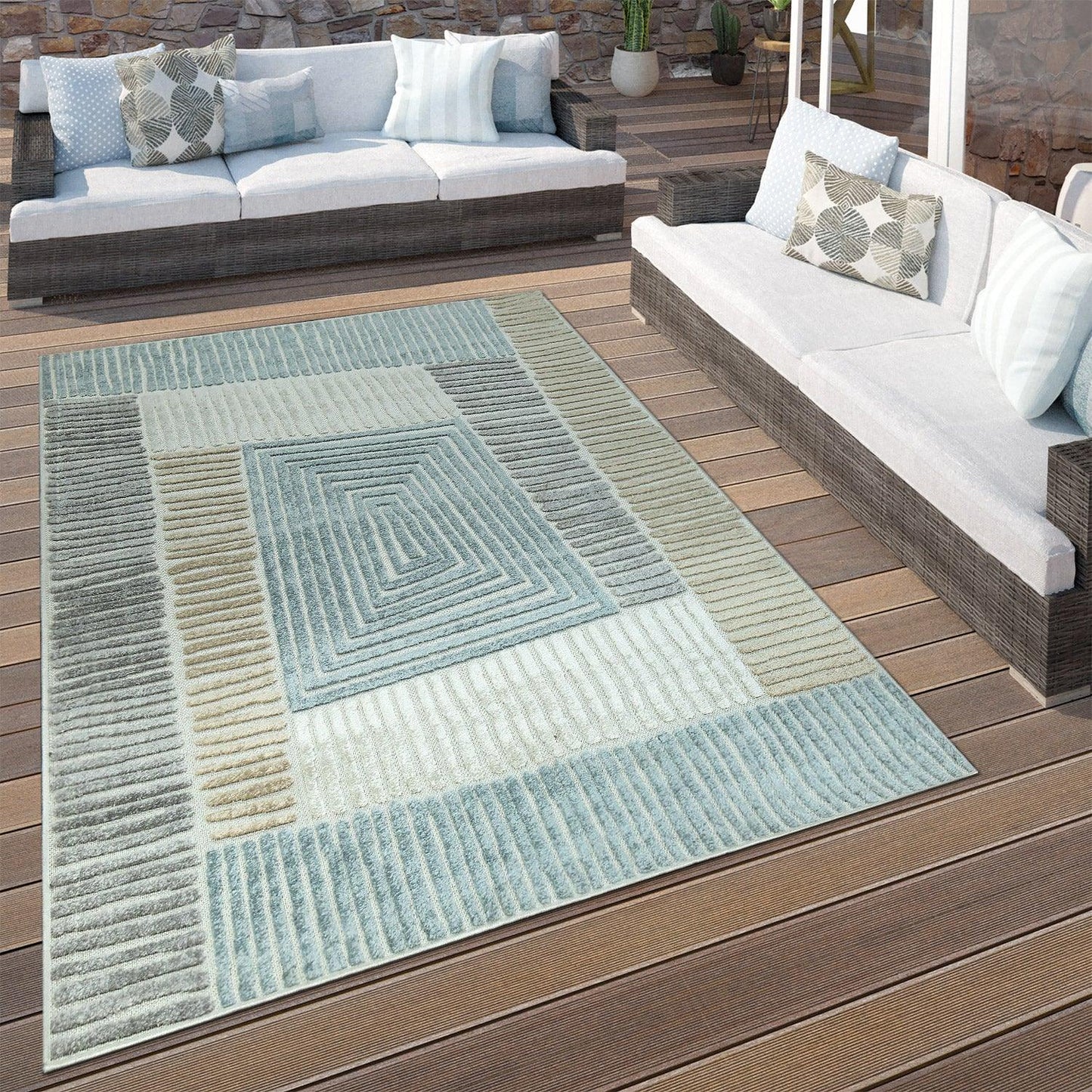Outdoor Rug Marrakesh Carved Design - Brown Blue
