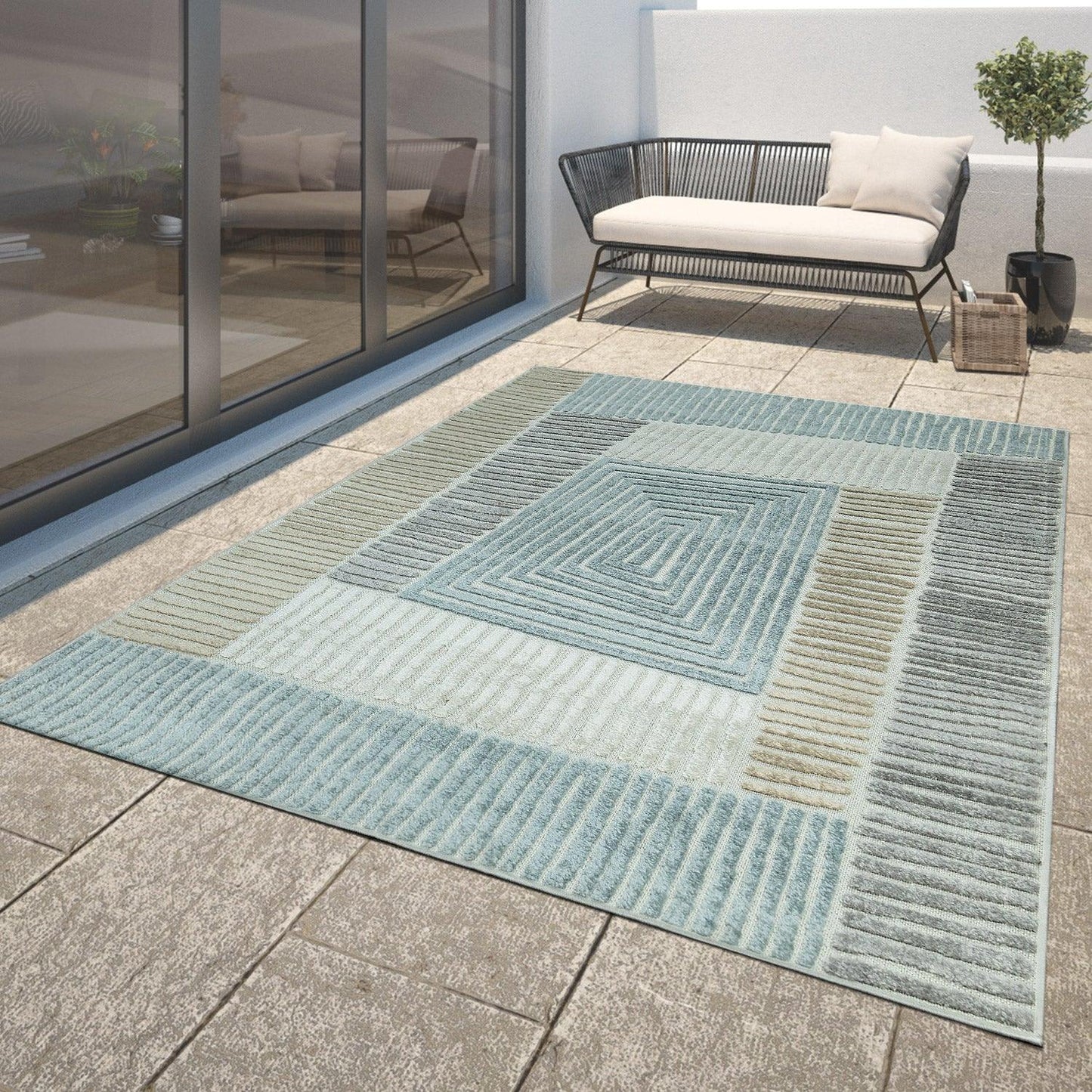 Outdoor Rug Marrakesh Carved Design - Brown Blue