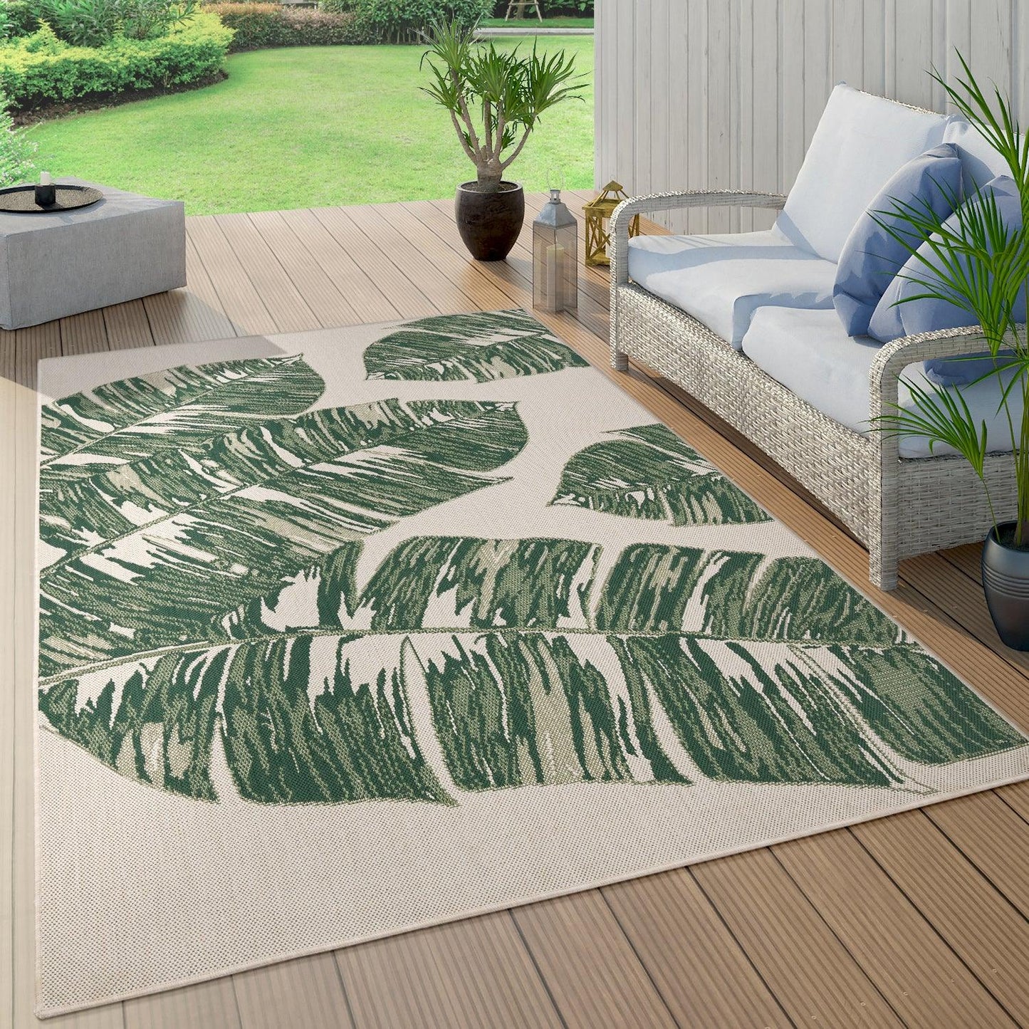In & Outdoor Rug Ostende Jungle Leaves - Cream Green