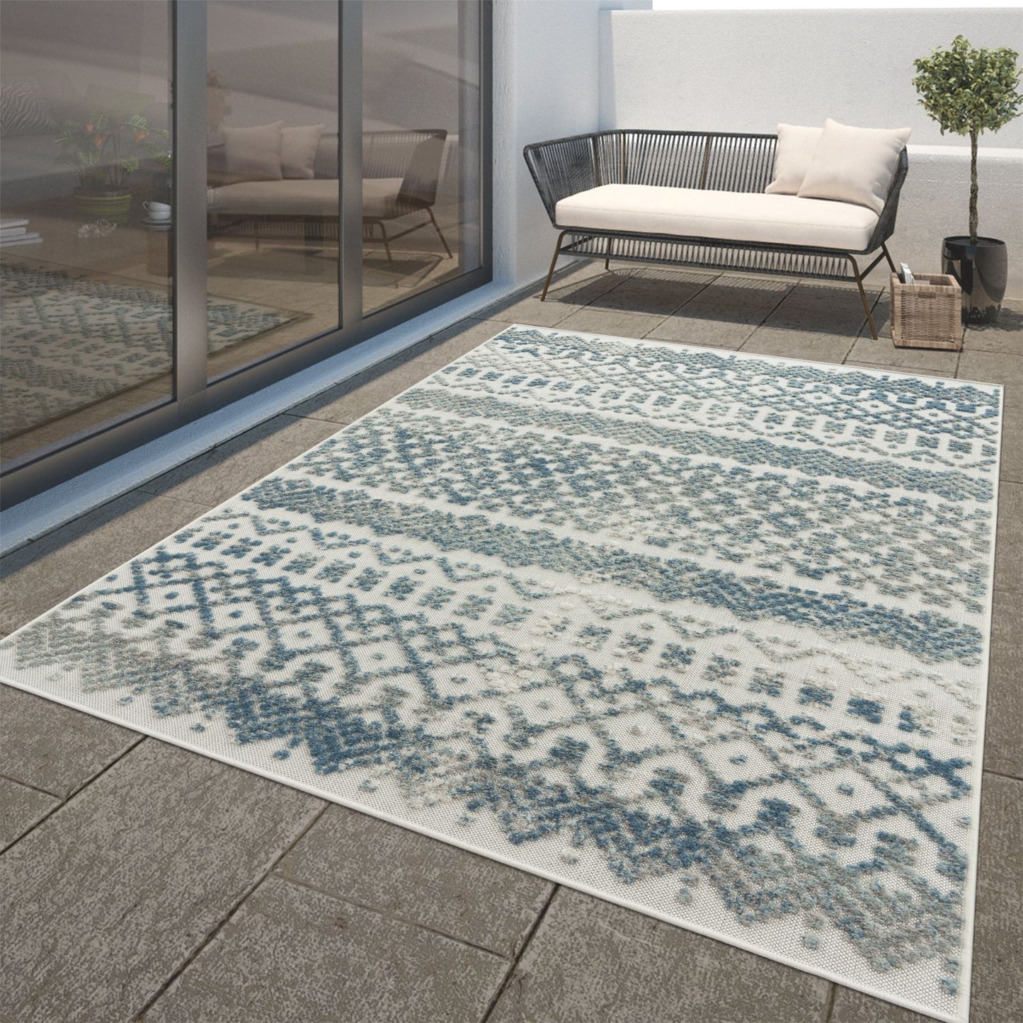 Outdoor Rug Marrakesh High/Low Effect Trellis in Turquoise Cream