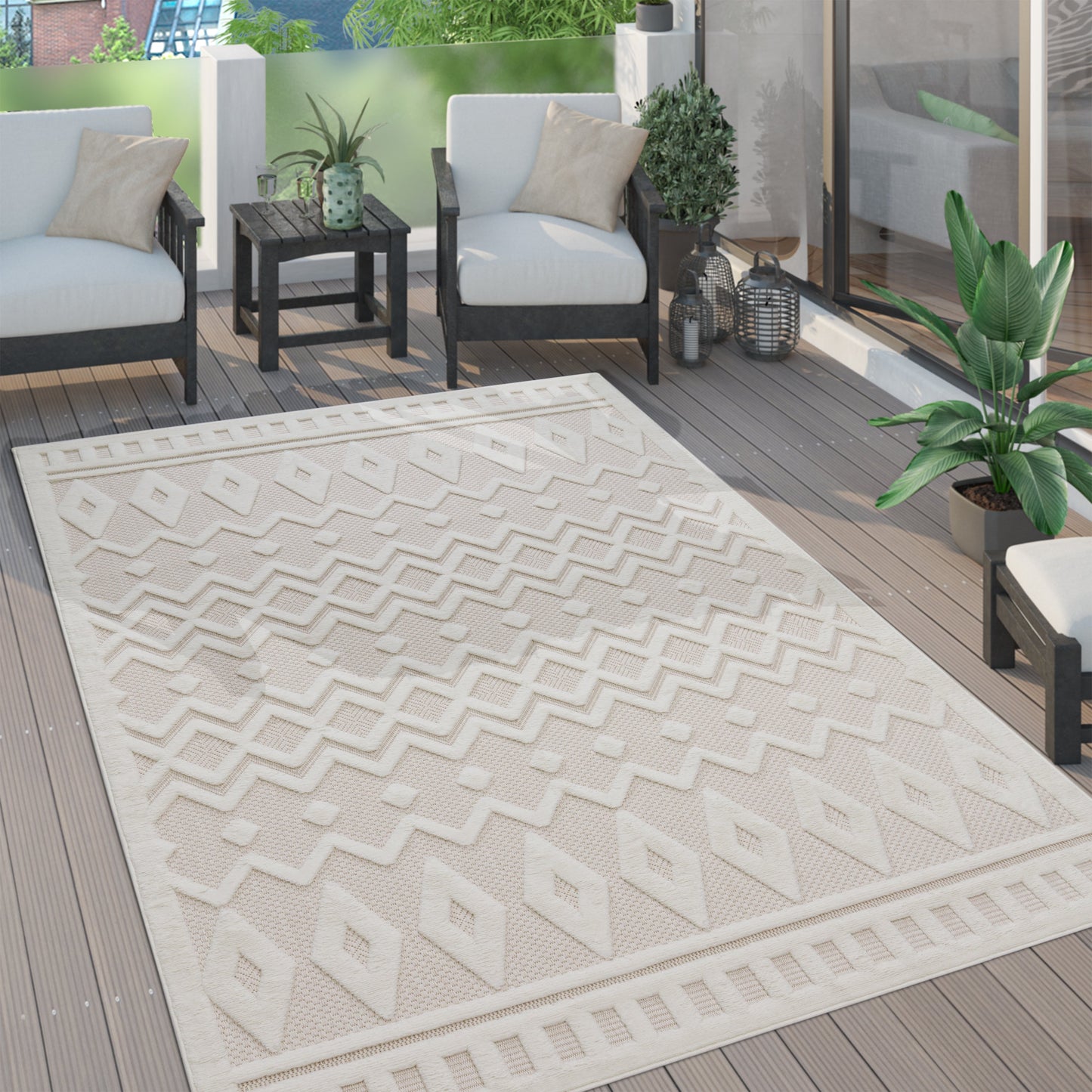 Outdoor Rug Livorno Geometric Trellis Pattern In Cream