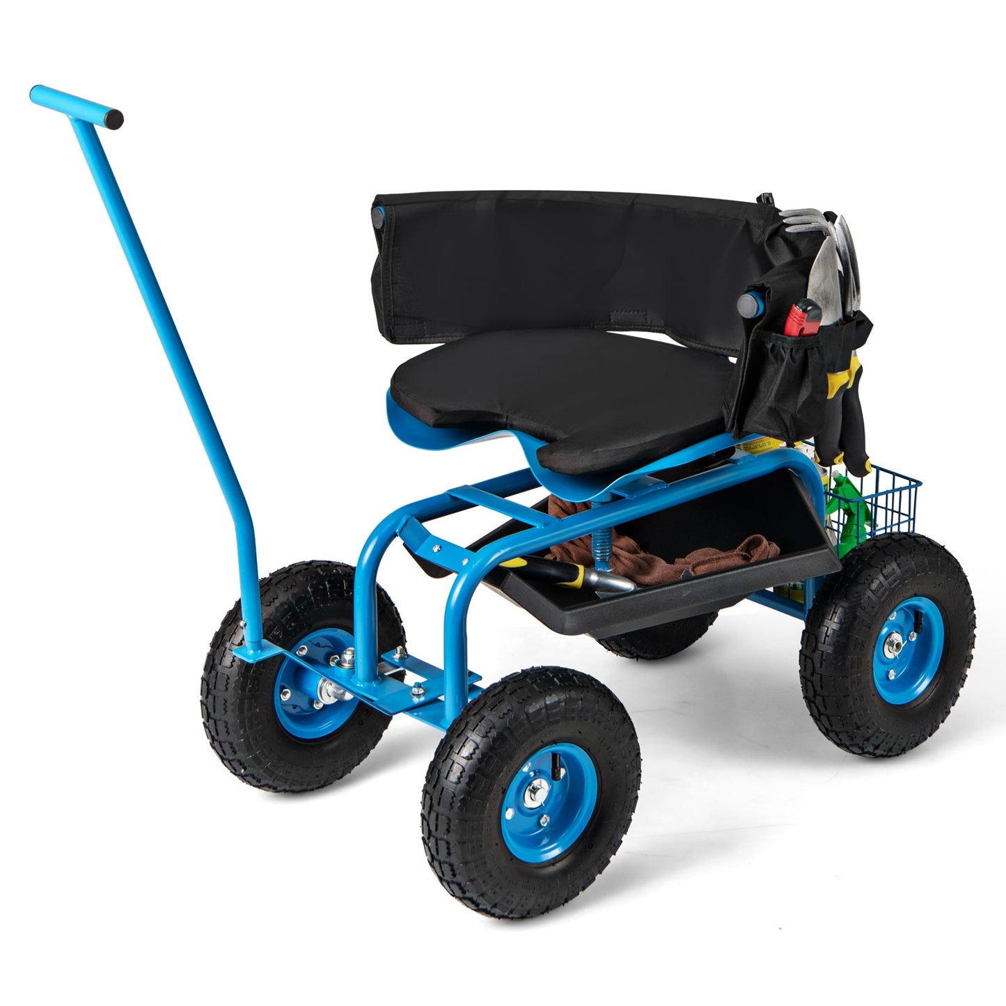 Height-Adjustable Rolling Garden Cart with Swivel Seat & Storage