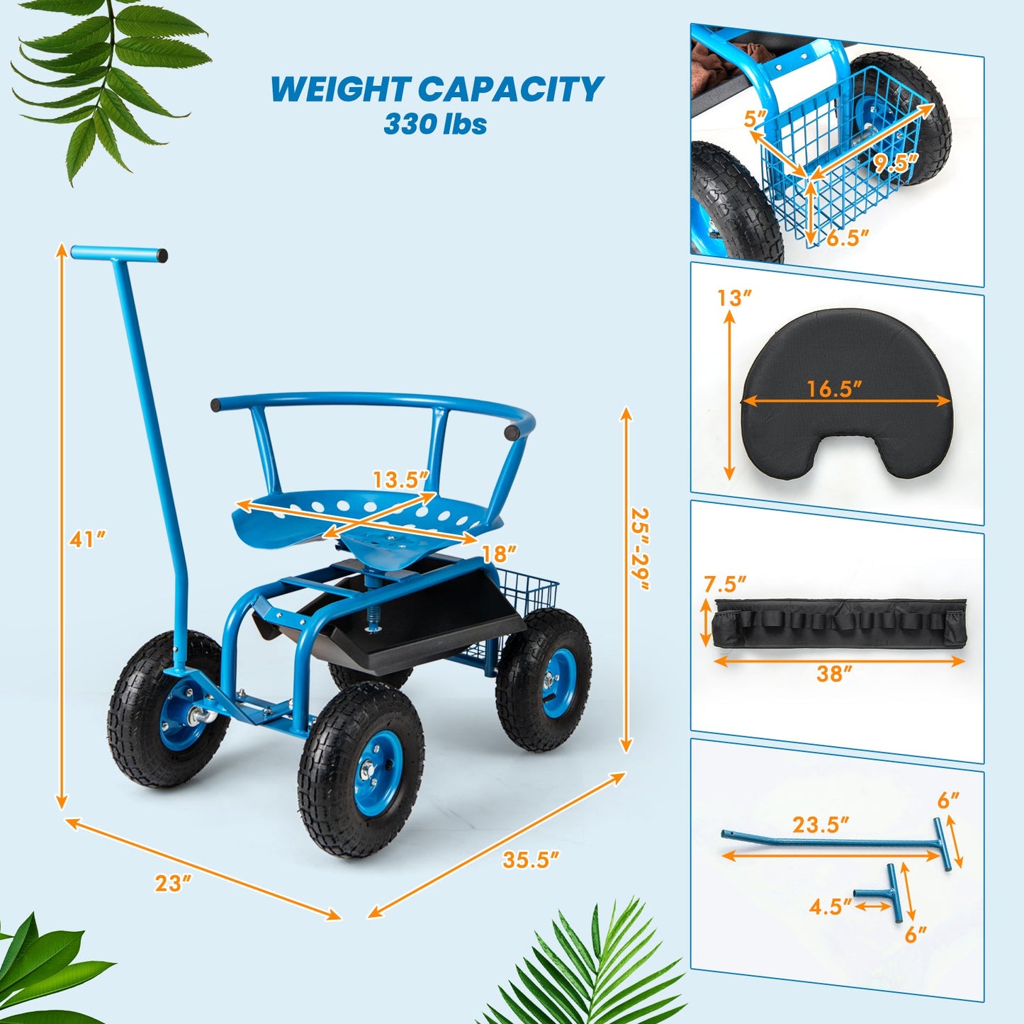 Height-Adjustable Rolling Garden Cart with Swivel Seat & Storage