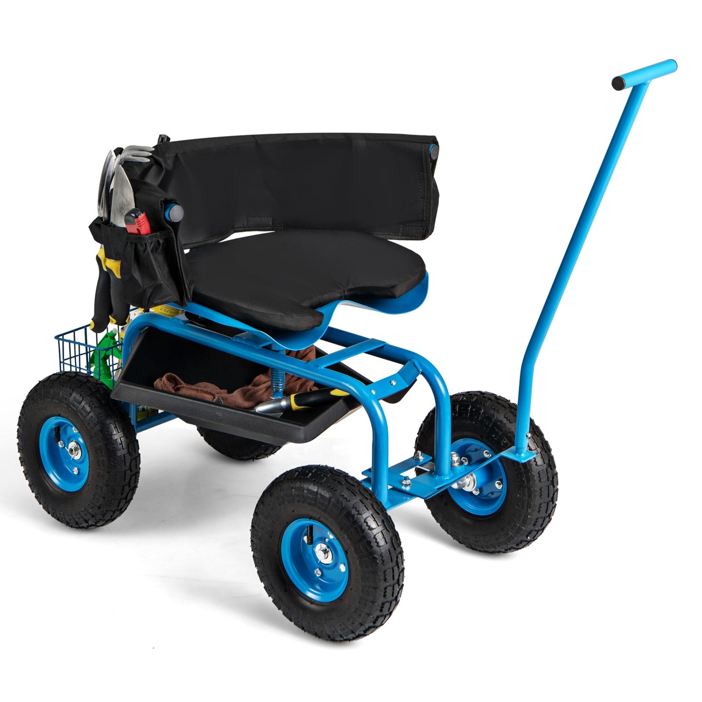 Height-Adjustable Rolling Garden Cart with Swivel Seat & Storage