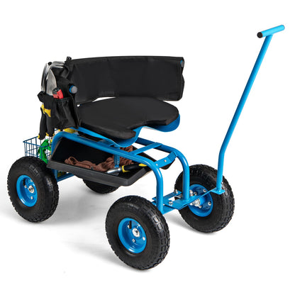 Height-Adjustable Rolling Garden Cart with Swivel Seat & Storage
