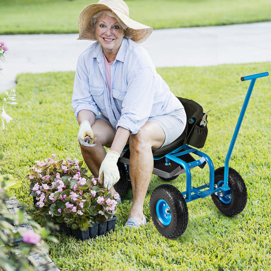 Height-Adjustable Rolling Garden Cart with Swivel Seat & Storage
