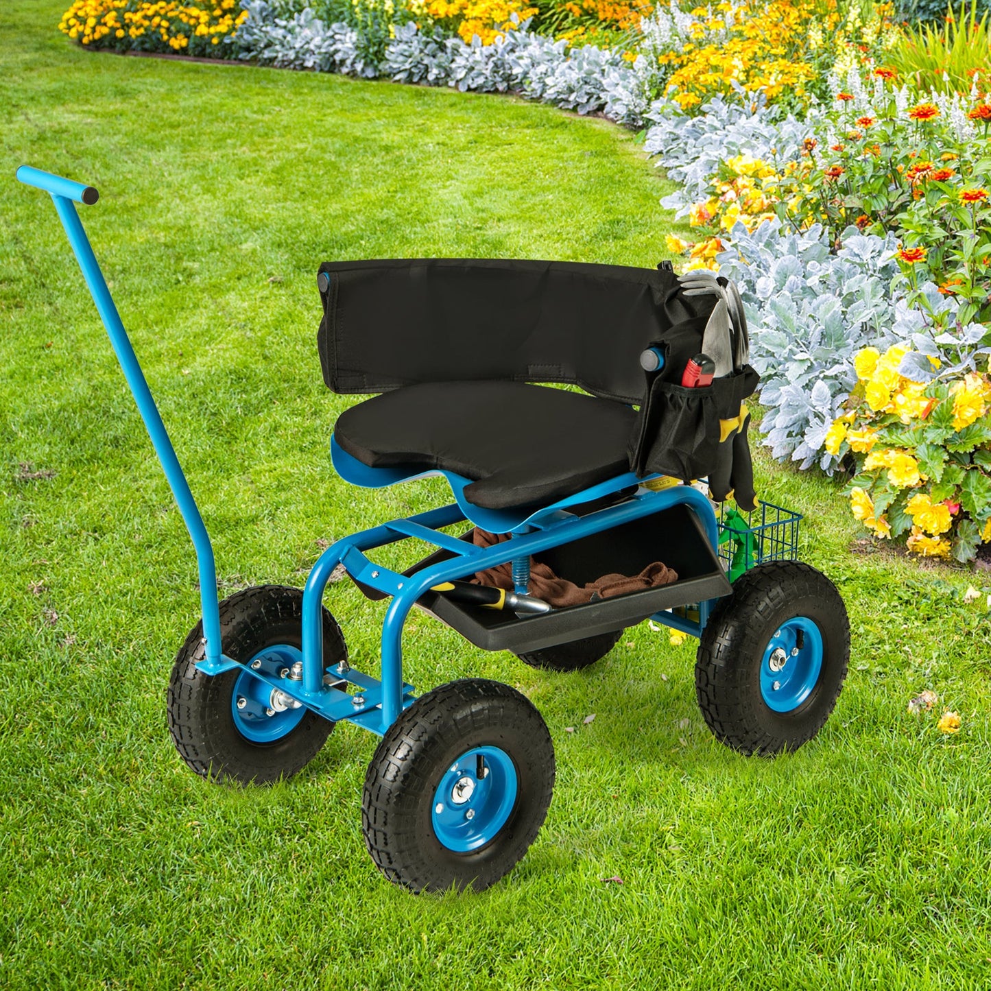 Height-Adjustable Rolling Garden Cart with Swivel Seat & Storage