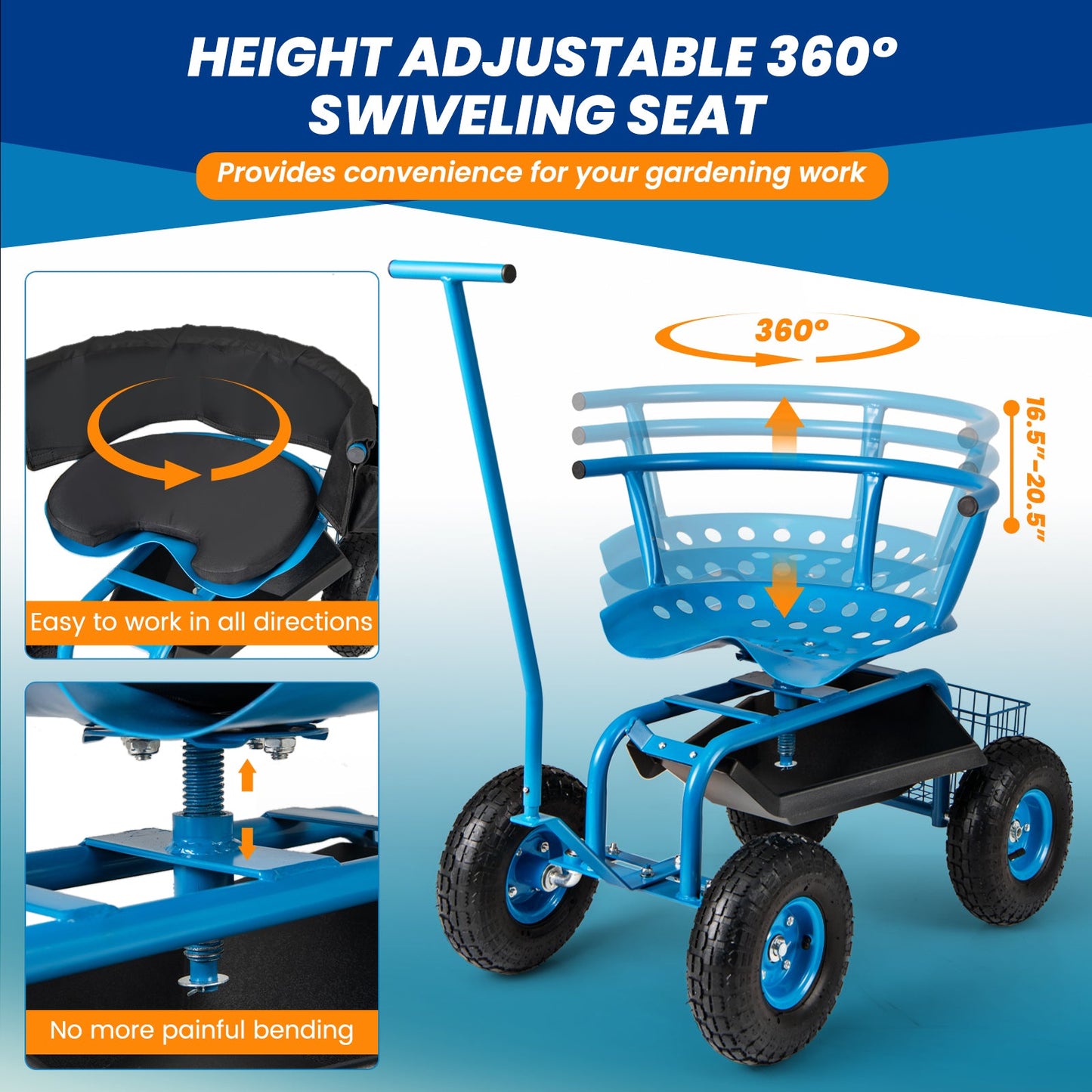 Height-Adjustable Rolling Garden Cart with Swivel Seat & Storage