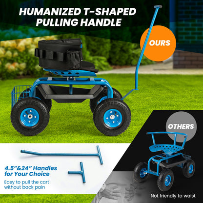 Height-Adjustable Rolling Garden Cart with Swivel Seat & Storage